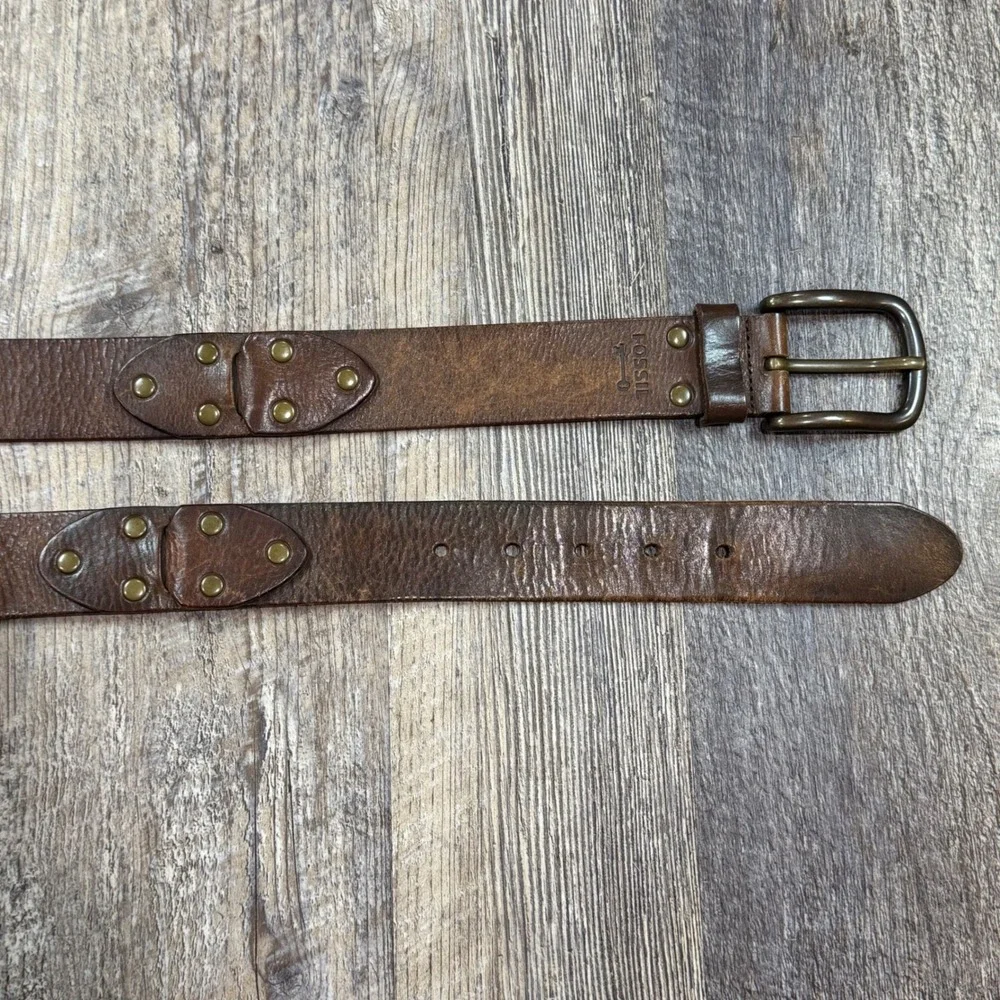 Fossil Brown Leather Studded Belt Womens Medium Distressed Rivet BT3707020